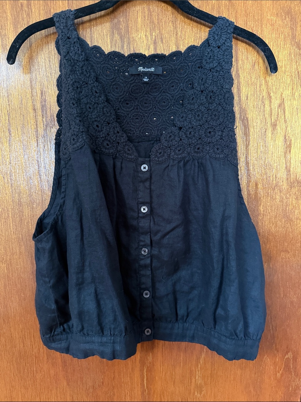 Madewell Black Crochet Yoke Button-Front Tank